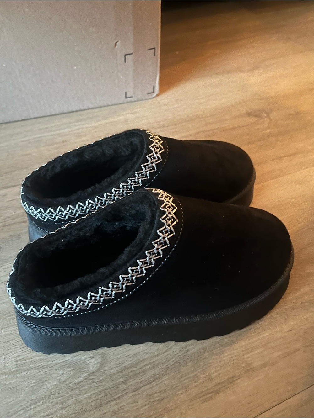 Black Fuzzy Slip-On Cozy Clog with Embroidered Trim